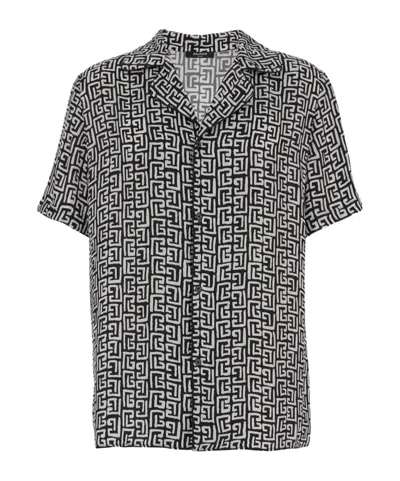 Balmain Black And White Bowling Shirt With All-over Monogram
