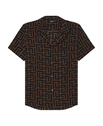Balmain Monogram-print Short-sleeved Shirt In Black
