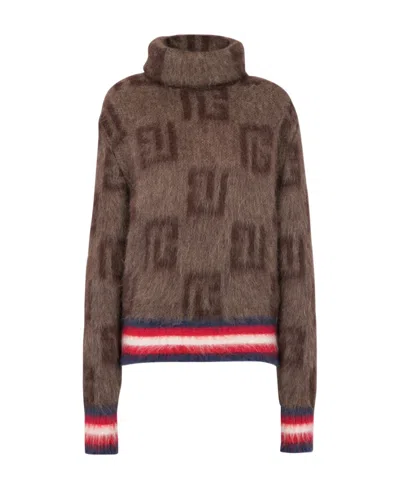 Balmain Monogram-print Striped Jumper In Brown
