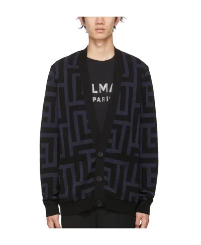 Balmain Monogram-print V-neck Cardigan In Black