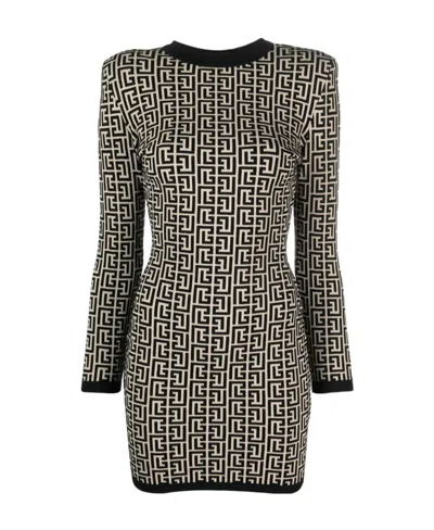 BALMAIN SHORT BICOLOR JACQUARD DRESS WITH BALMAIN MONOGRAM