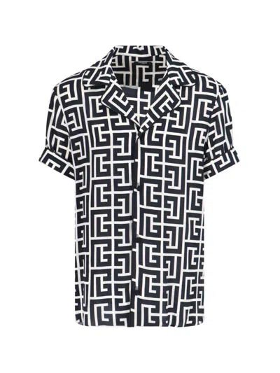 Balmain Monogram Printed Short-sleeved Shirt In Black