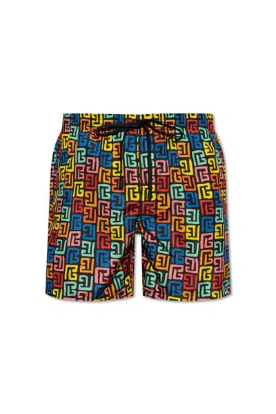 Balmain Monogram-print Swim Shorts In Multi