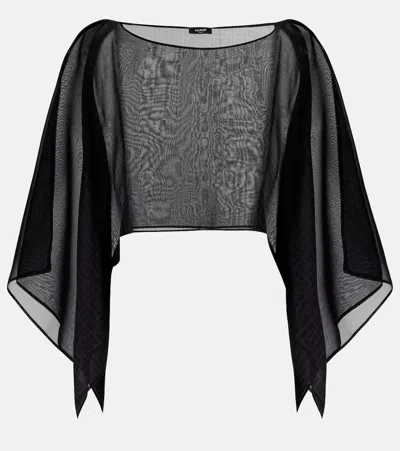 Balmain Monogram Sheer Silk Crop Top In Black