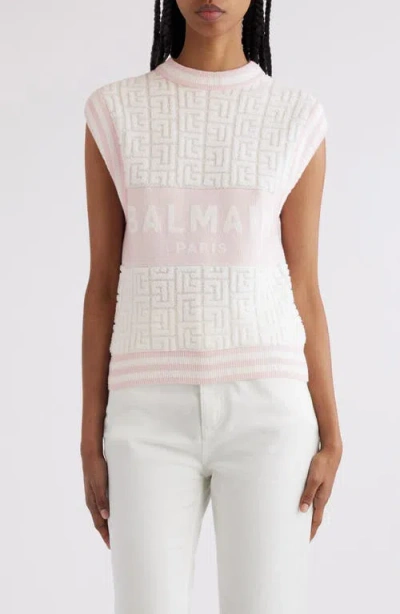 Balmain Monogram Sponge Knit Sleeveless Sweater In Weiss