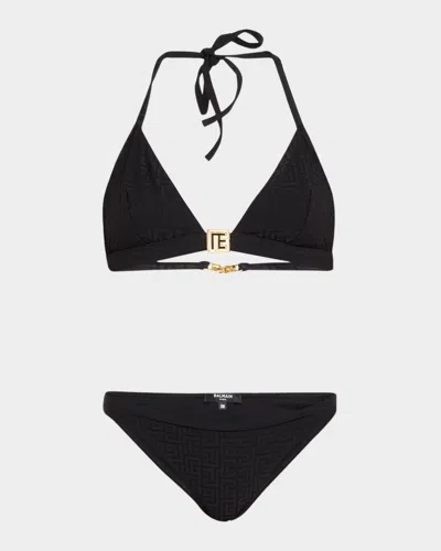 Balmain Monogram Triangle Two-piece Swimsuit In Black
