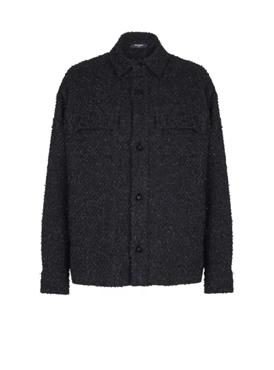 Balmain Monogram Tweed Overshirt In Black