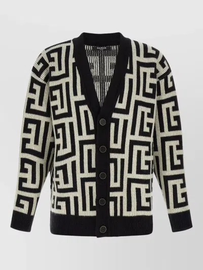 Balmain Monogram V Neck Mid Length Cardigan In Black