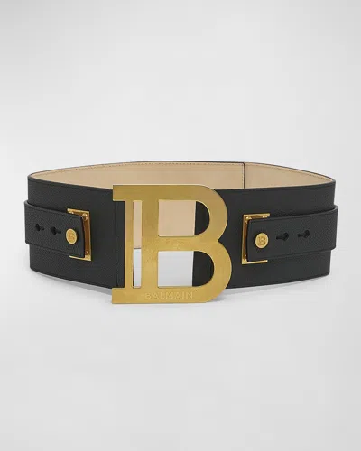 Balmain Monogram Wide Leather B-belt In Black