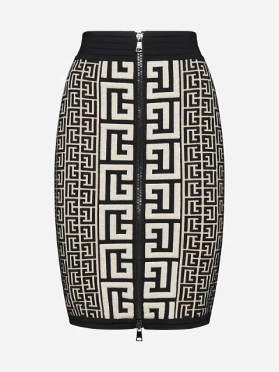 Balmain Monogram Wool And Viscose Blend Skirt In Ivory,black