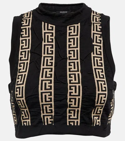 BALMAIN MONOGRAM WOOL-BLEND CROP TOP