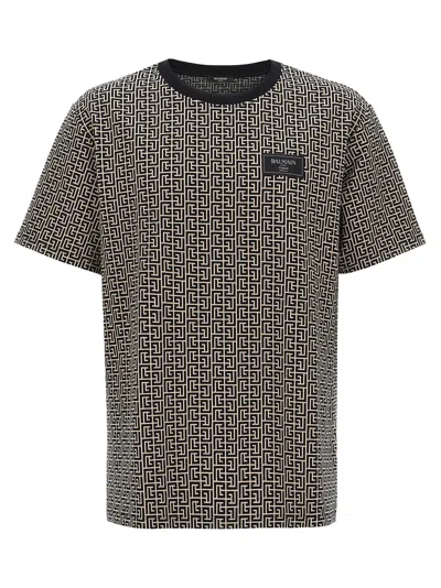 Balmain Monogram-jacquard Cotton T-shirt In Blue
