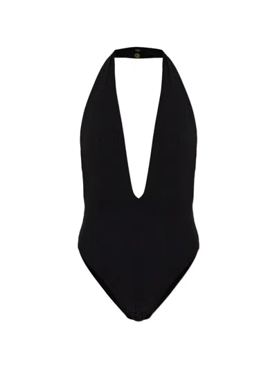 Balmain Monogram-jacquard Halterneck Swimsuit In Black