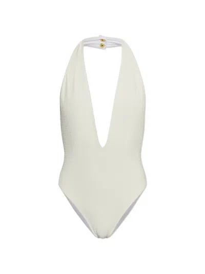 Balmain Monogram-jacquard Halterneck Swimsuit In White