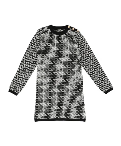 Balmain Kids' Monogram-knit Button-detail Dress In Black