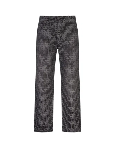 Balmain Monogrammed Jacquard Denim Jeans In Black