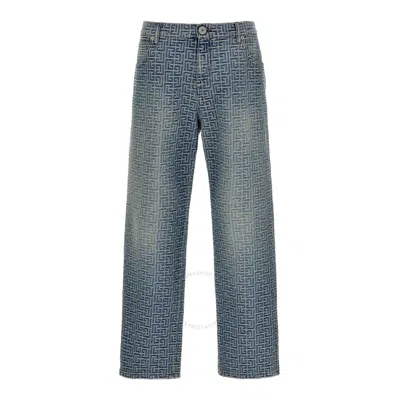 Balmain Monogrammed Jacquard Denim Jeans In Blue