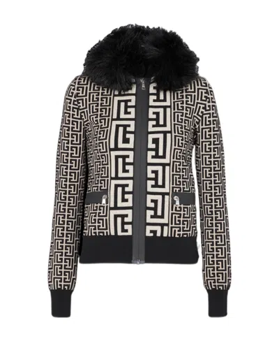 Balmain Monogrammed Knit Jacket With Faux Fur In Black