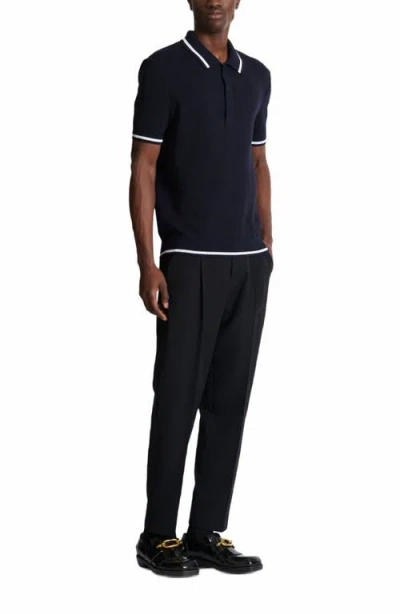 Balmain Monogrammed Merino Wool Polo Shirt In Black/marine