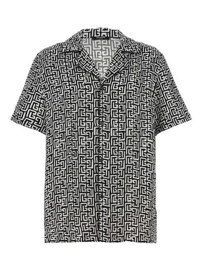 Balmain Black And White Bowling Shirt With All-over Monogram