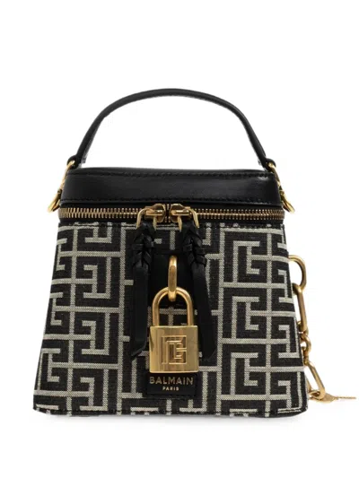 Balmain Monogram-pattern Calf Leather-trim Mini Bag In Black