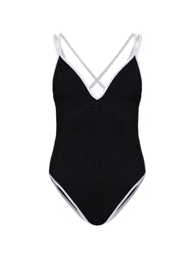 Balmain Monogram-pattern Cross-strap Swimsuit In Black