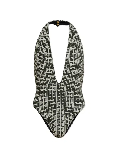 Balmain Monogram-pattern Halterneck Swimsuit In Multi