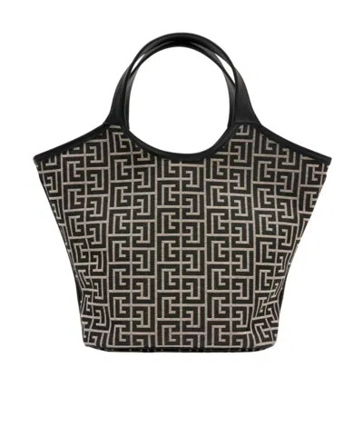 Balmain Monogram-pattern Leather-trim Tote Bag In Black