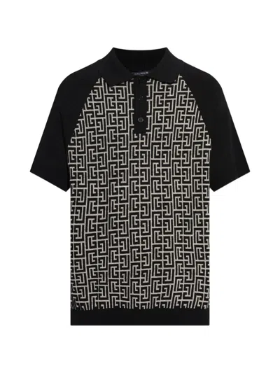 Balmain Wool And Linen Polo Shirt With Monogram Motif In Black