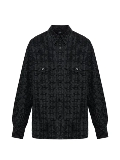 BALMAIN MONOGRAM-PRINT DENIM SHIRT