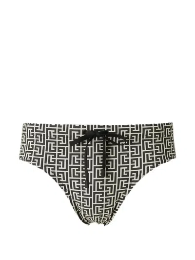 Balmain Monogram-print Swimming Trunks In Black