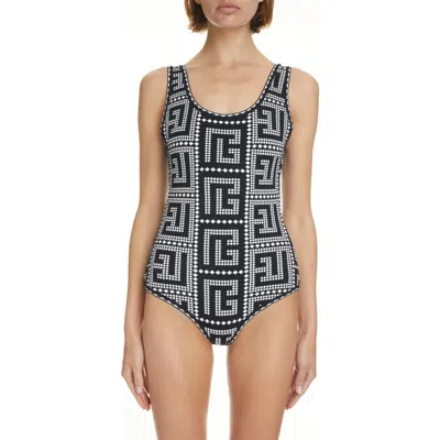 Balmain Mosaic Monogram Jacquard Knit Bodysuit In Black
