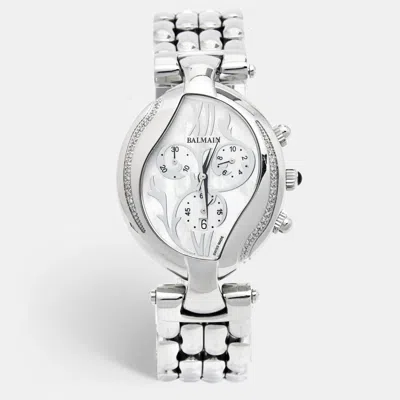 Pre-owned Balmain Mother Of Pearl Stainless Steel Diamonds Excessive Chrono B5655.33.83 Women's Wristwatch 34 Mm In White