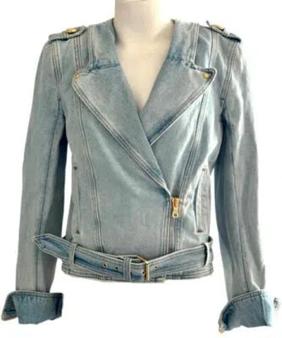 Pre-owned Balmain Moto Jacket Light Blue Denim With Gold Hardware Size 36