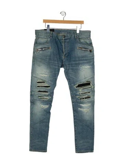 Pre-owned Balmain Moto Jeans In Blue