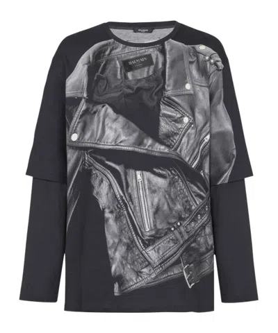Balmain Motorcycle Jacket Printed Long-sleeved T-shirt In Black