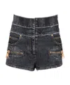 Balmain Denim High Waist Shorts With Front Zip Pockets In Gray