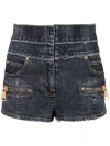 Balmain Denim High Waist Shorts With Front Zip Pockets In Gray