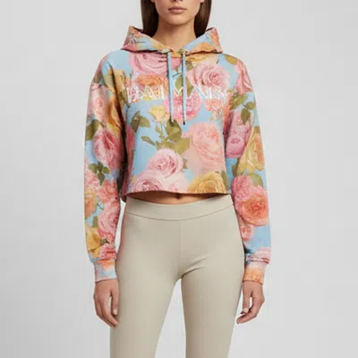 Pre-owned Balmain Multicolor Floral Print Jersey Cropped Hoodie Xs