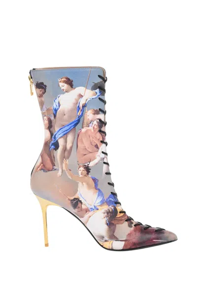 Balmain Multicolor Leather Printed Boots In Blue