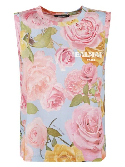 Balmain Roses-print Cotton Tank Top In Pink