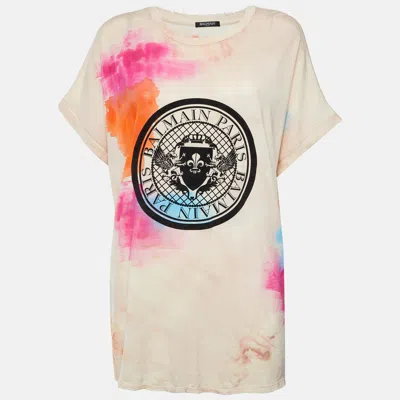 Pre-owned Balmain Multicolour Tie Dye Logo Crest Print Jersey Distressed T-shirt L