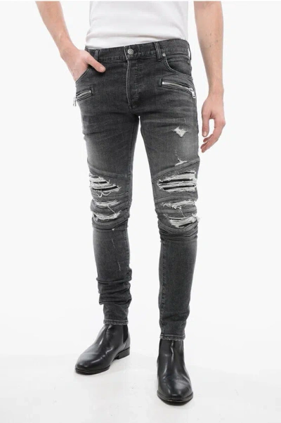 Balmain Multipocketed Distressed Denims With Leather Biker Inserts 1 In Black