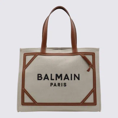 Balmain Natural Canvas And Brown Leather B-army Medium Tote Bag In Natural/brown