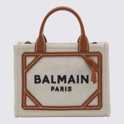 Balmain Natural Canvas And Brown Leather B-army Shopper Mini Bag In Natural/brown
