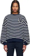 Balmain Navy & White Cotton College Emblem Breton Stripes Sweatshirt In Multi