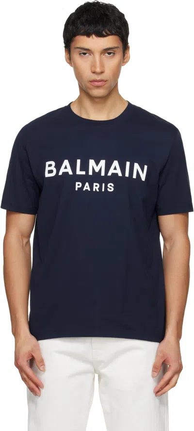 Balmain Navy ' Paris' Print T-shirt In Blue