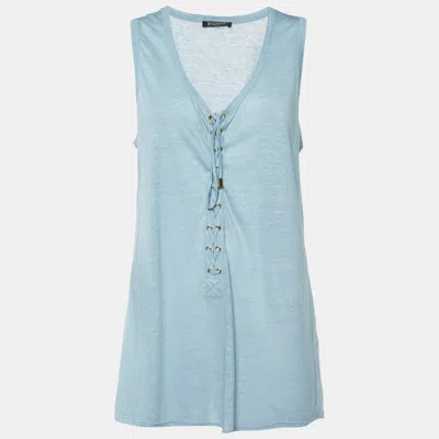 Pre-owned Balmain Navy Blue Cashmere Knit Lace-up Tank Top M