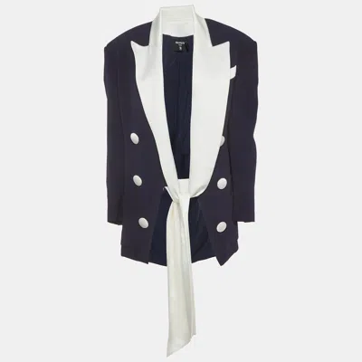 Pre-owned Balmain Navy Blue Crepe And Satin Collar Tie Up Blazer S