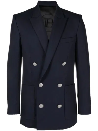 Balmain Navy Blue Double-breasted Coat For Women In Turquoise